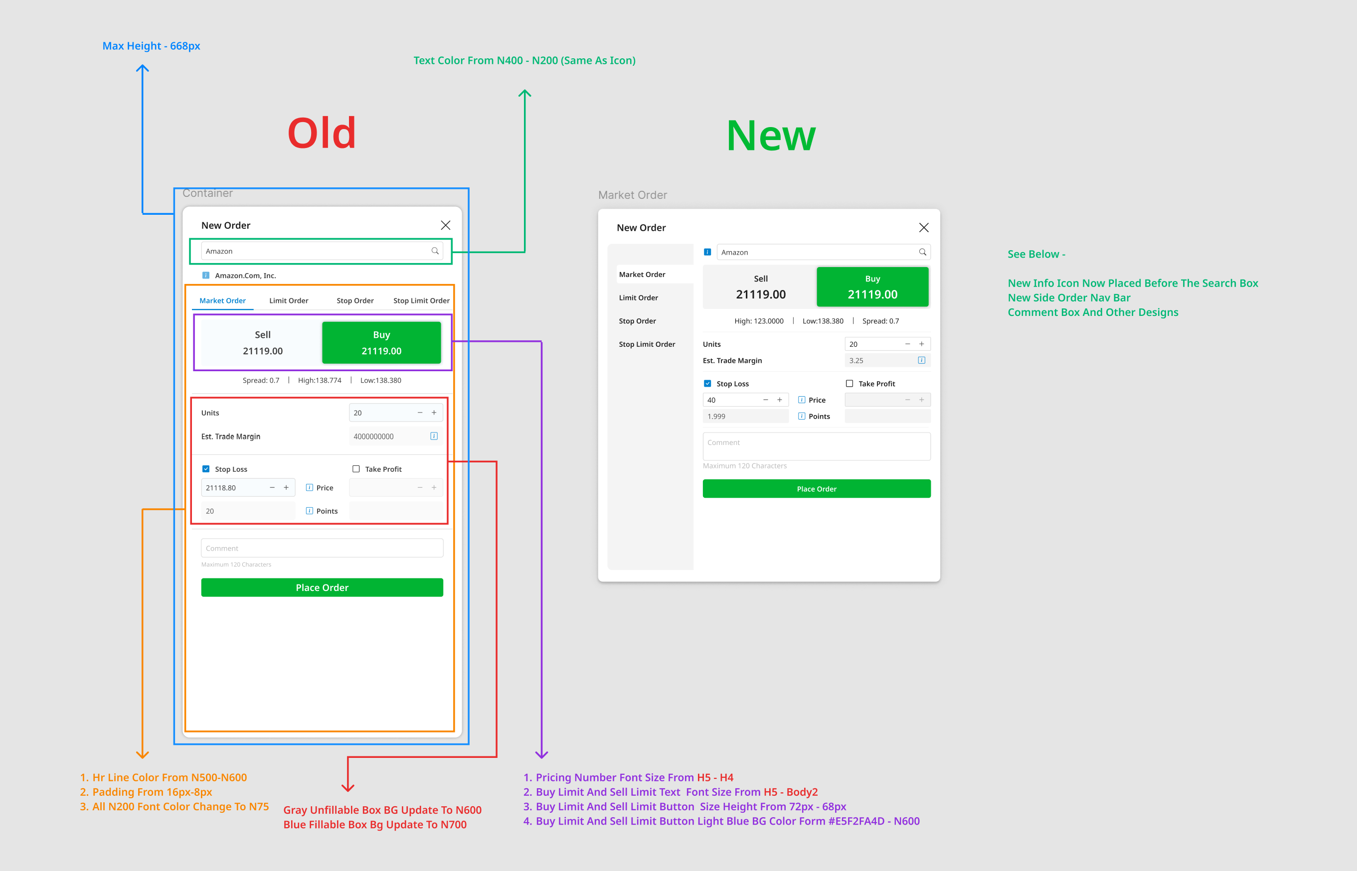 Detailed order panel redesign specifications — and Buy/Sell button height standardization