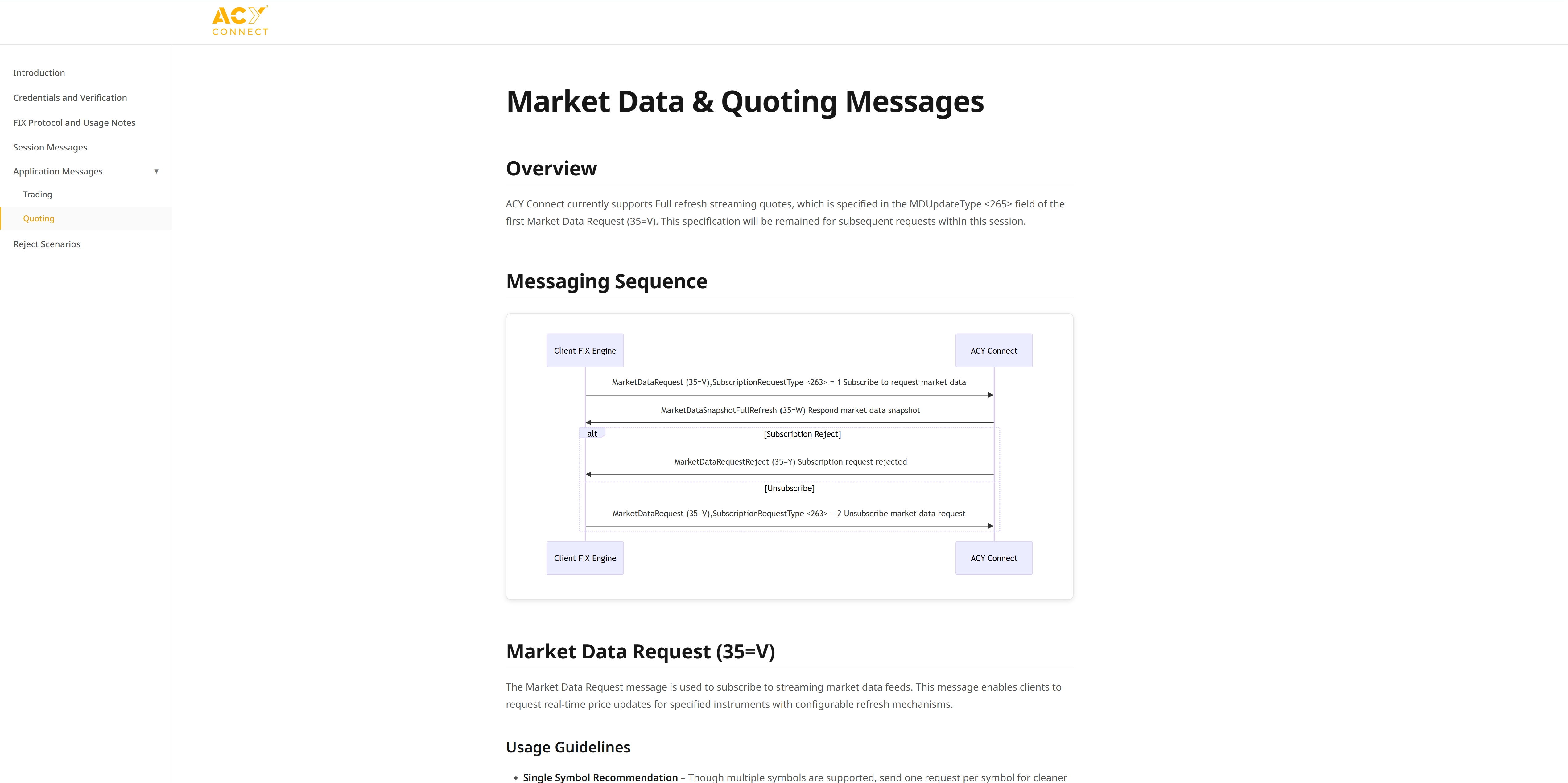 ACY Connect FIX API market data and quoting messages showing MarketDataRequest subscription flow, snapshot/full refresh responses, subscription rejection handling, and unsubscribe sequence