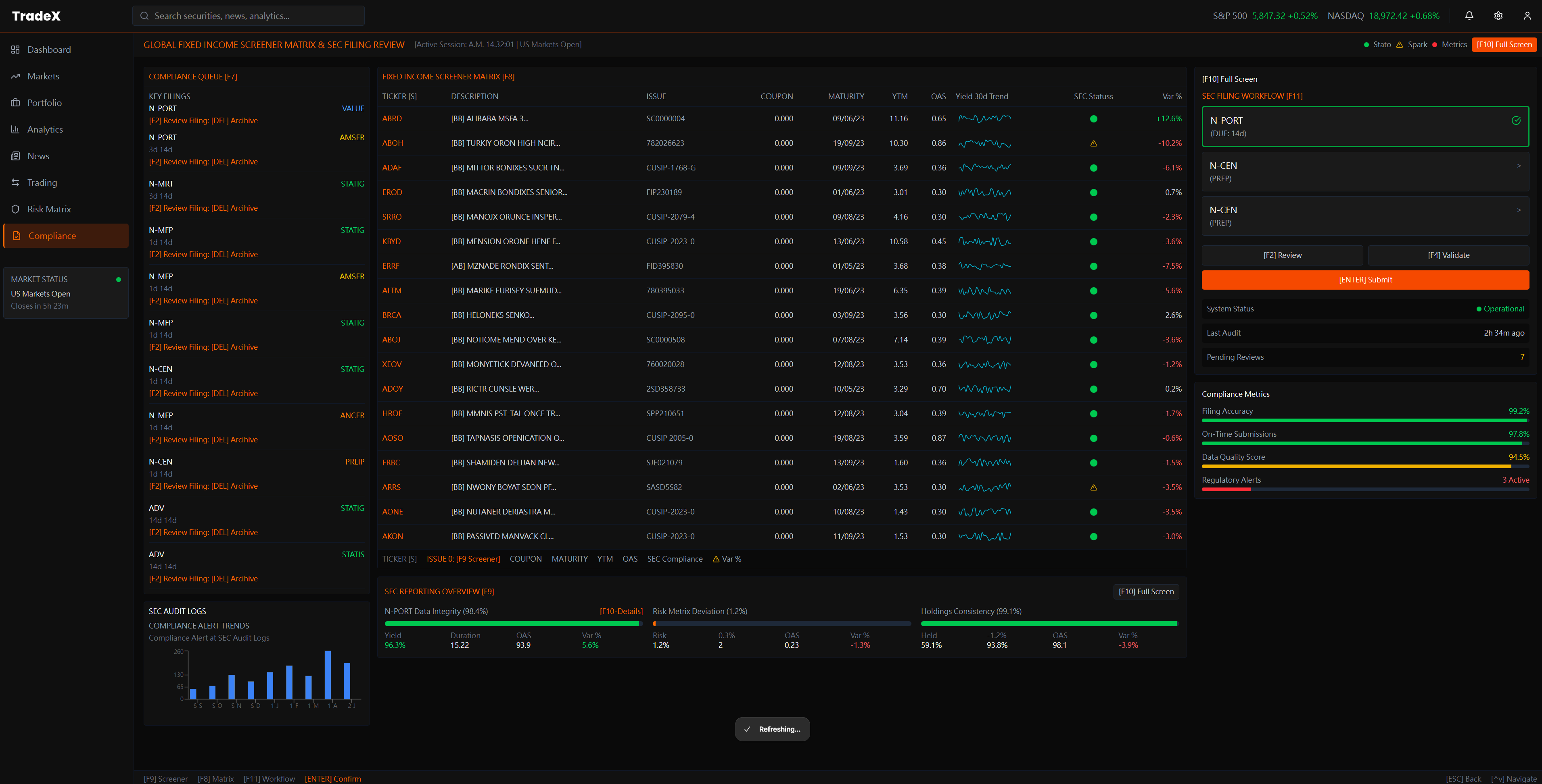 TradeX Compliance Screener View — multi-criteria screening matrix with regulatory status and filing health