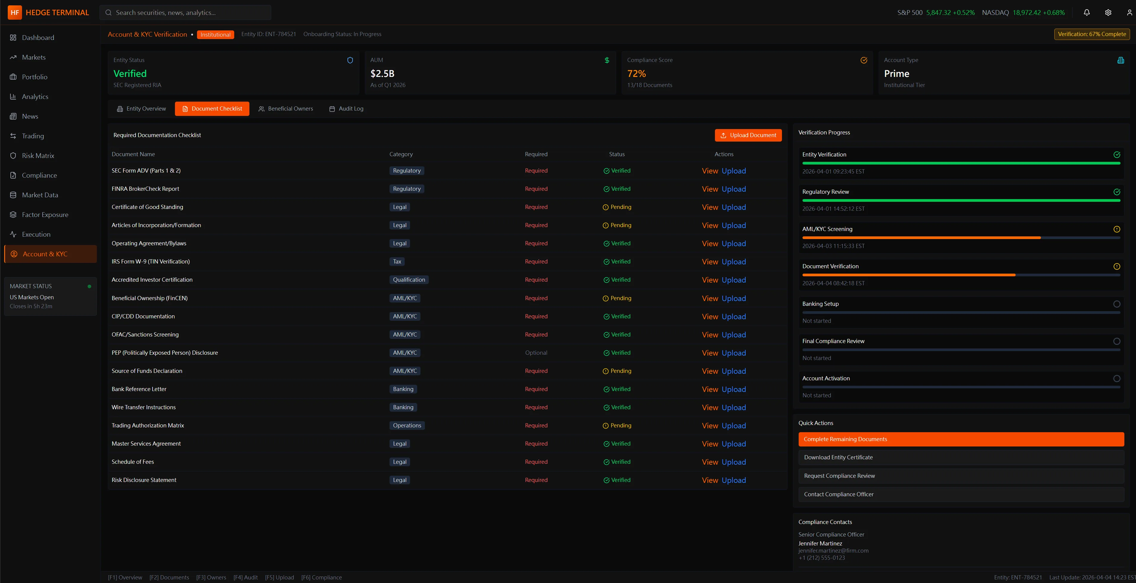 TradeX KYC Document Checklist tab — full regulatory filing checklist with live status per document