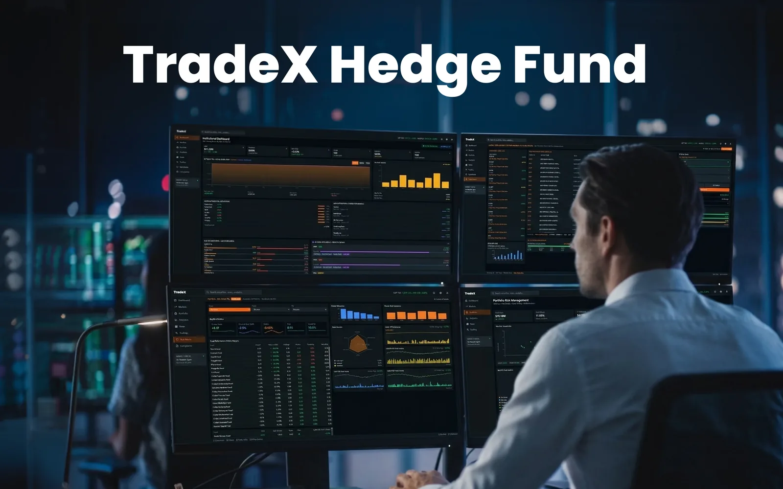 TradeX Hedge Fund terminal — portfolio risk matrix, factor decomposition, and macro correlation panels