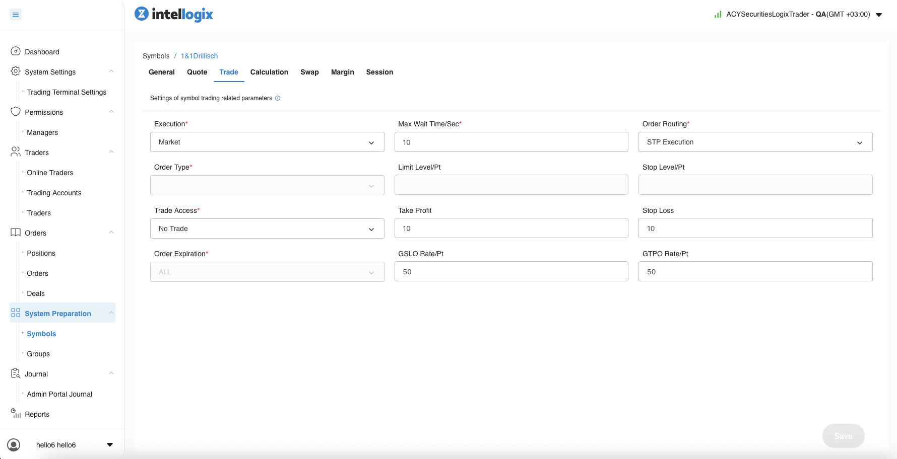 Intellogix Symbol Trade tab — execution model, order routing, trade access, take profit, stop loss, GSLO and GTPO rate configuration