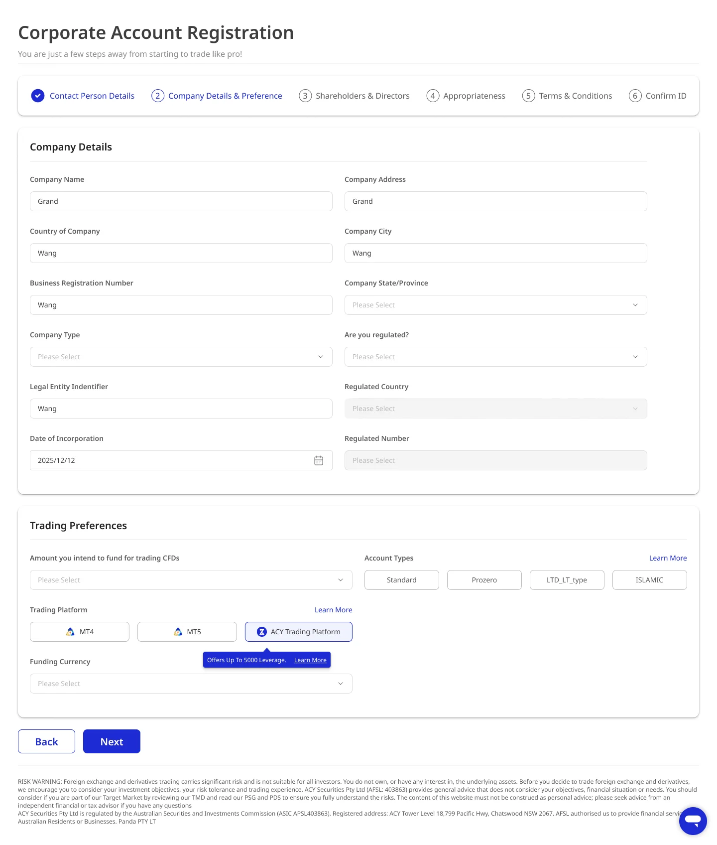 Corporate account registration — six-step wizard: contact, company details with LEI and regulated status, shareholders and directors, appropriateness, terms, confirm ID