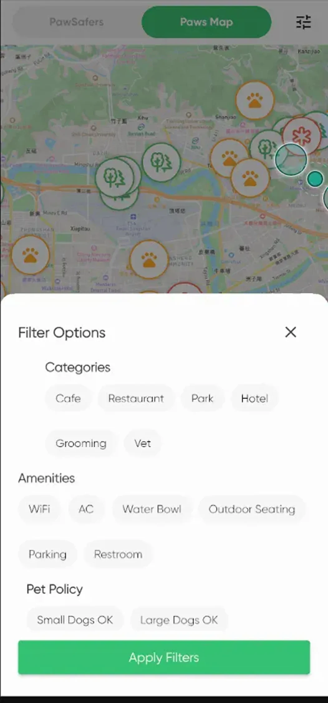 PawsRoam app — map-centric discovery screen
