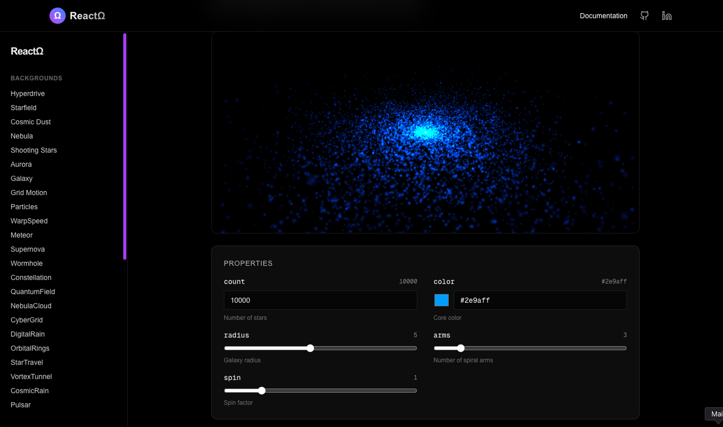ReactΩ — Galaxy background with live properties panel