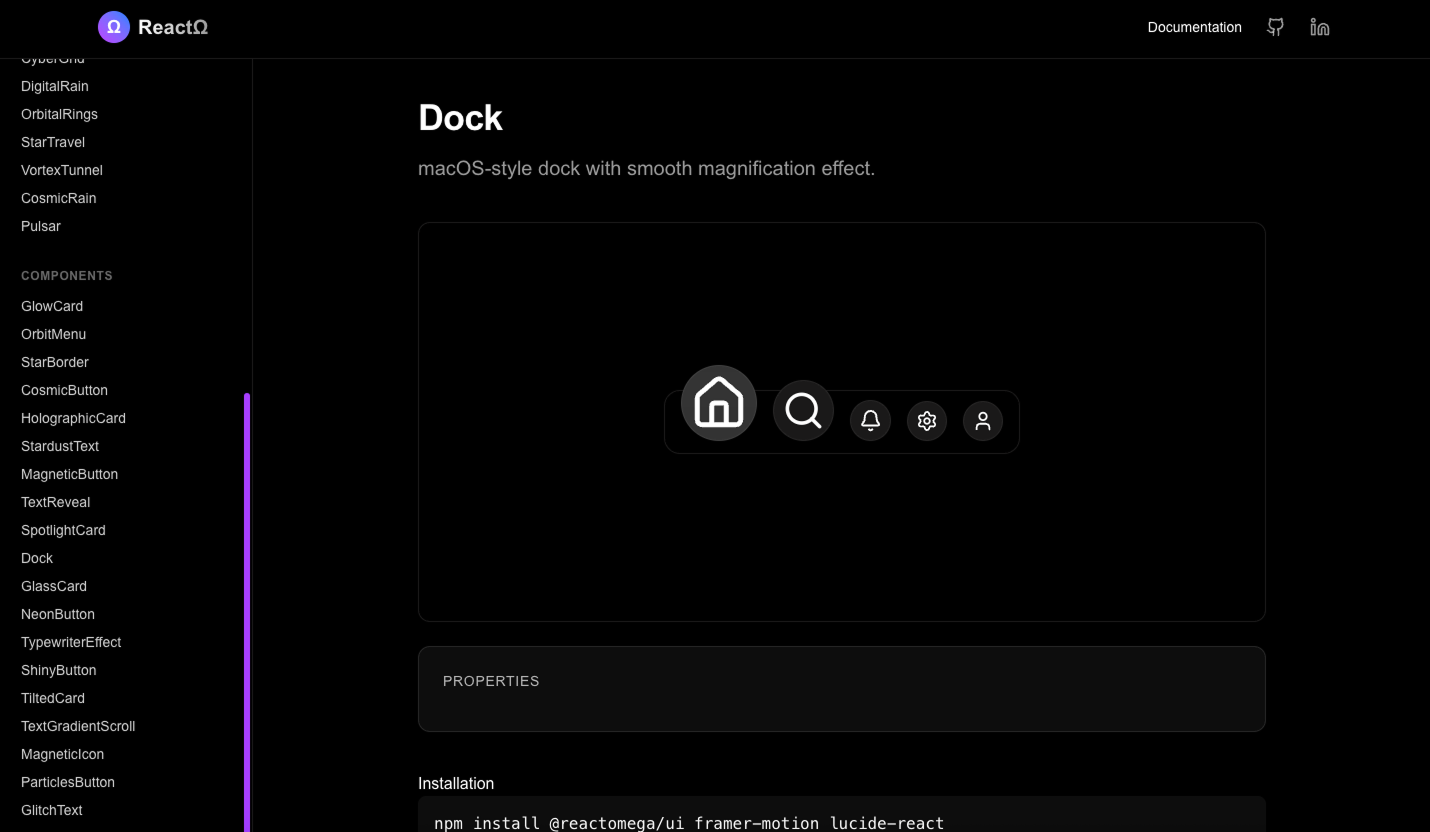 ReactΩ Dock — macOS-style dock with magnification effect and npm install
