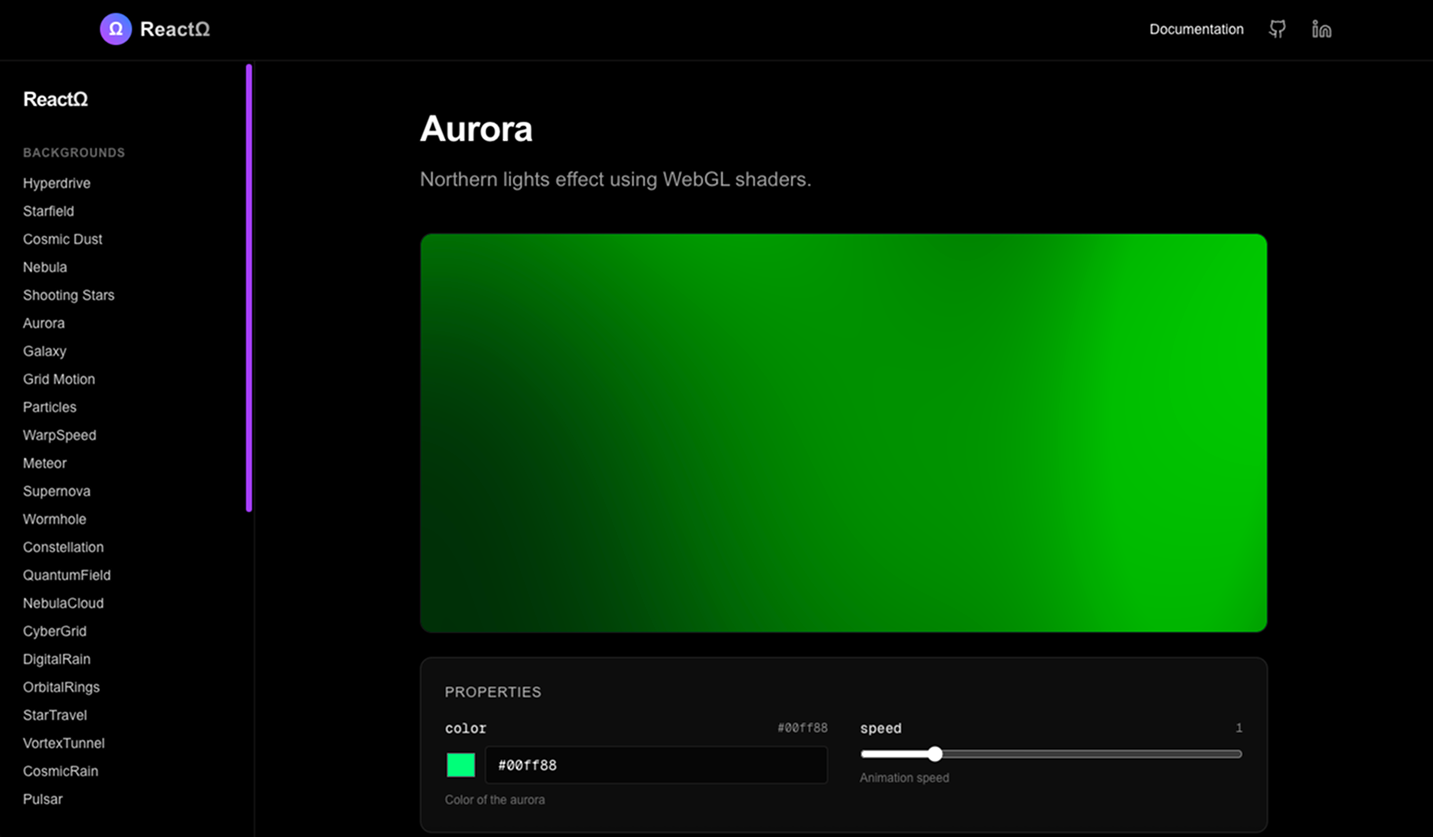 ReactΩ Aurora — northern lights WebGL shader background