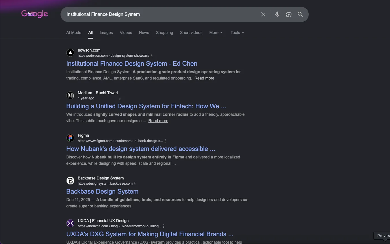 Google search for 'Institutional Finance Design System' showing edwson.com ranked first, above Medium, Figma's Nubank case study, Backbase, and UXDA.