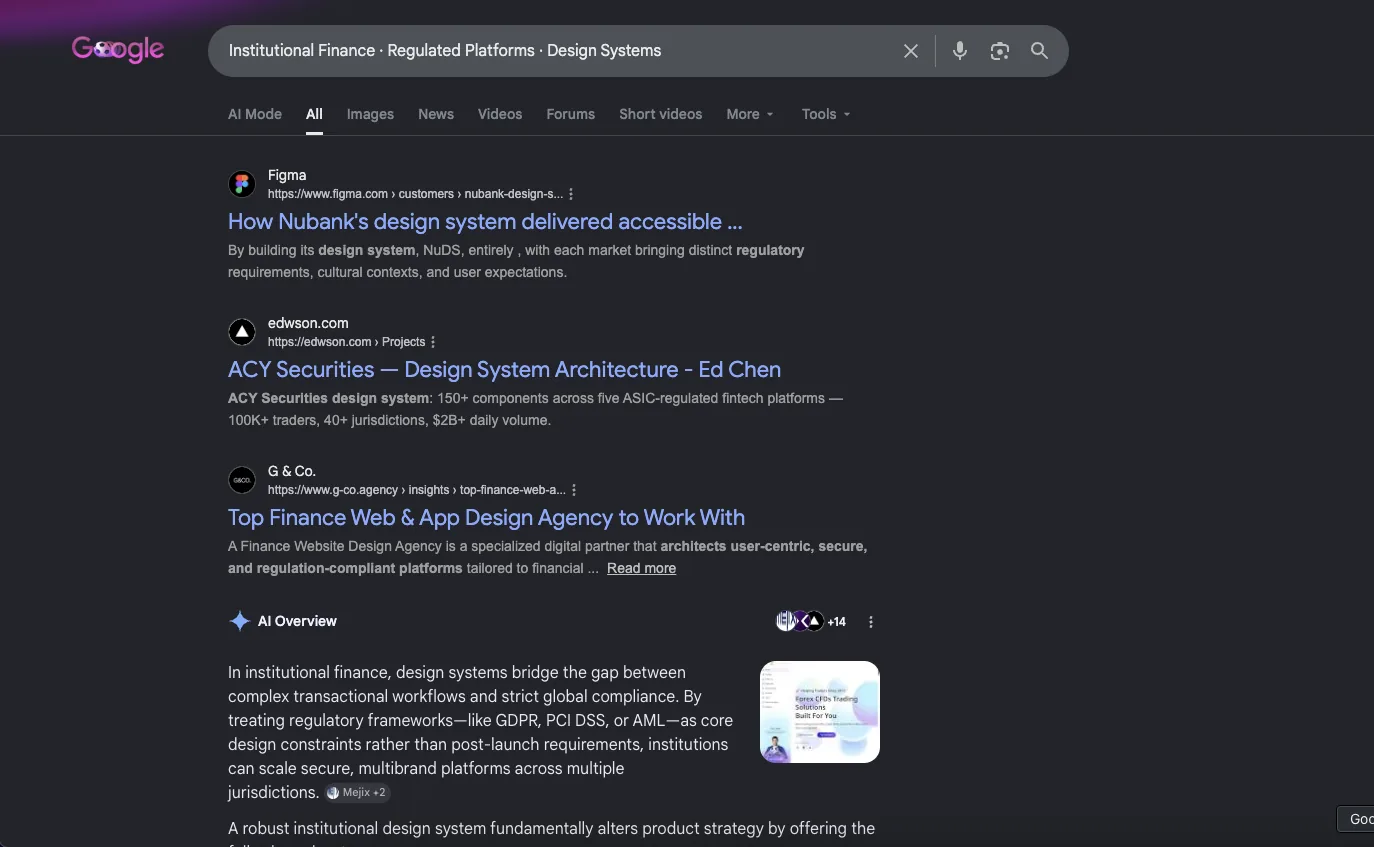 Google results with an AI Overview panel surfacing the ACY Securities design-system work, with edwson.com in the organic results.